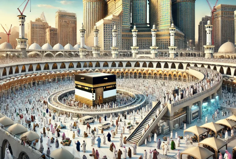 DALL·E 2024-12-15 11.43.46 - A visually detailed illustration of a bustling scene in front of the Grand Mosque in Mecca, Saudi Arabia, featuring pilgrims in traditional white ihra